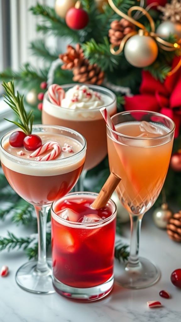 Four Christmas cocktails: cranberry sparkler, peppermint hot chocolate, spiced apple cider, and pomegranate fizz, set against a festive backdrop.